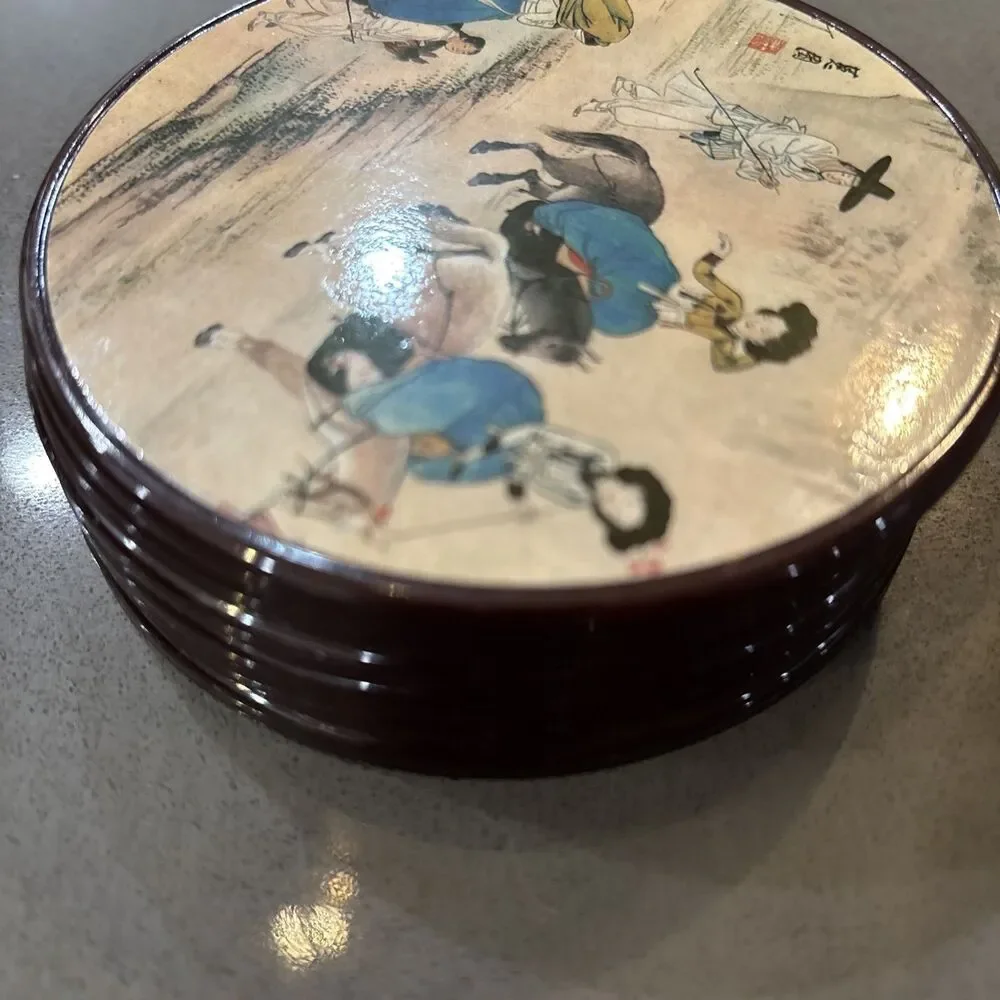 Six Korean Coaster Set With Sin Yun Bok Art Detailed Korean Scenes Laminate Cork